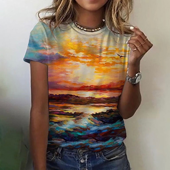 Sunset Ocean Graphic All Over Print T-Shirt Size Extra Large (XL) - Picture 1 of 9
